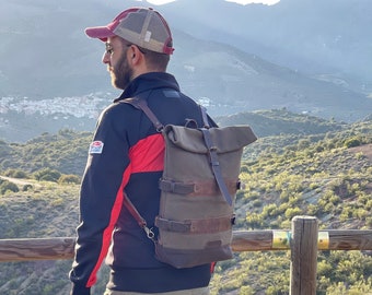 Waxed canvas bicycle backpack, canvas and leather bicycle backpack