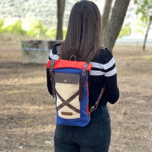 Multicolored water repellent backpack, small backpack made of waxed canvas and oiled leather, timeless design walking backpack.
