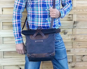 Unisex canvas messenger bag, Messenger bag with adjustable leather strap