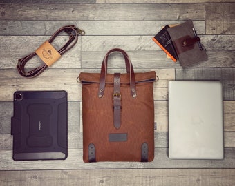 Handbag with adjustable leather strap, waxed canvas crossbody messenger bag.