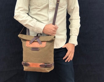 Minimalist style waxed canvas messenger, medium sized waterproof shoulder bag