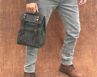 Bolsa marron de lona encerada con asa, elegante lunch box para hombre, bolsa para comida de lona y cuero