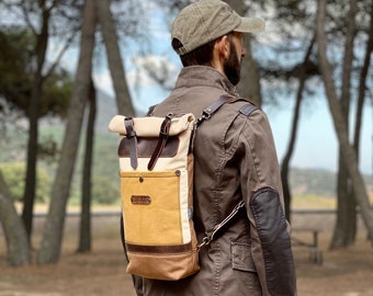 Convertible canvas and leather backpack, waxed backpack for hiking, backpack bag for wet and rainy climates