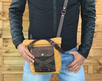 Satchel bag for men made of waxed canvas, waterproof messenger in canvas and leather