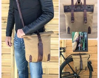 Bicycle handle bar bag, waxed canvas messenger pannier for bicycle