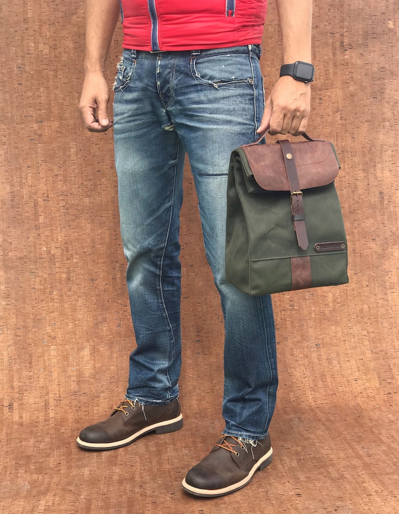 Lunch Bag With Leather Handle and Cutlery Pocket Large Bag to Etsy