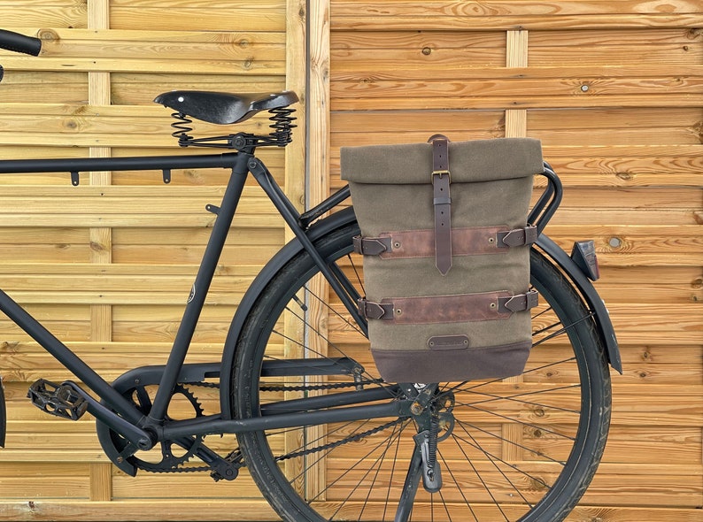 Waxed canvas bicycle backpack, canvas and leather bicycle backpack image 7