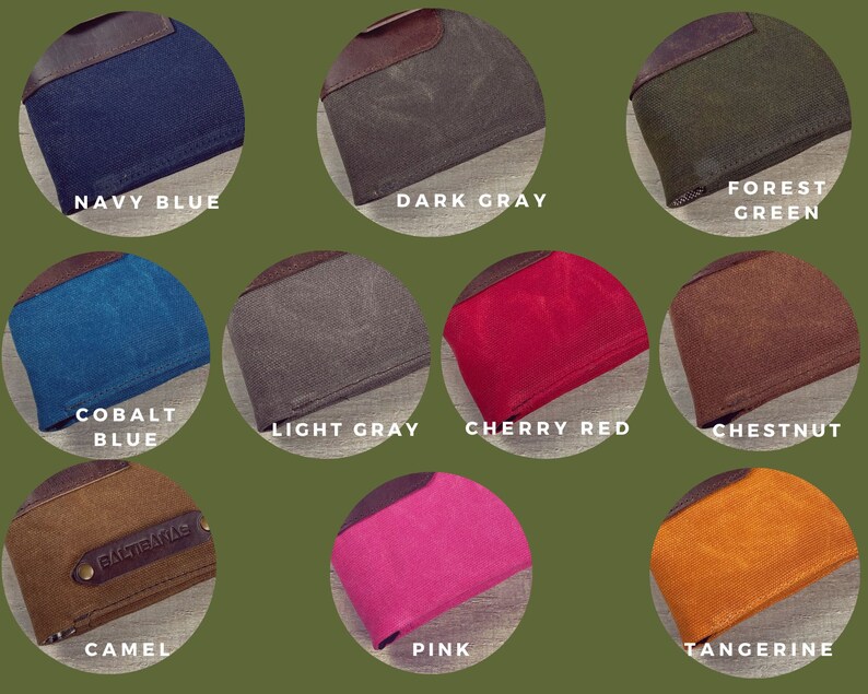 May include: A selection of 10 different colored fabric swatches, including navy blue, dark gray, forest green, cobalt blue, light gray, cherry red, chestnut, camel, pink, and tangerine.