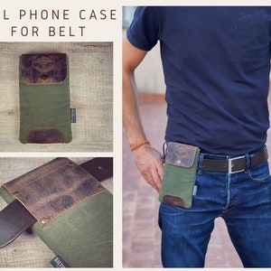 May include: A green canvas and brown leather cell phone case with a belt loop. The case is shown being worn on a person's belt.