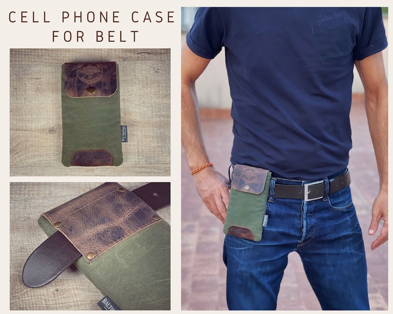 May include: A green canvas and brown leather cell phone case with a belt loop. The case is shown being worn on a person's belt.