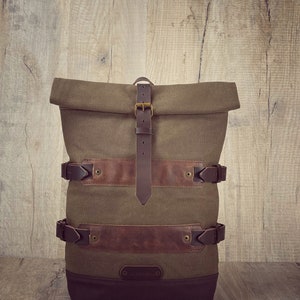 Waxed canvas bicycle backpack, canvas and leather bicycle backpack image 2