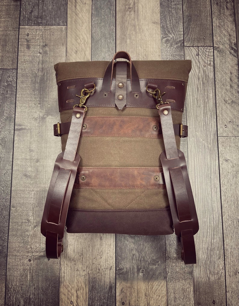 Waxed canvas bicycle backpack, canvas and leather bicycle backpack image 5