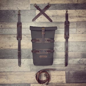 Waxed canvas design backpack, waxed canvas bicycle saddlebag, canvas and leather everyday backpack.