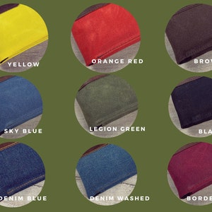 May include: Nine fabric swatches in different colors, including yellow, orange red, brown, sky blue, legion green, black, denim blue, denim washed, and bordeaux.