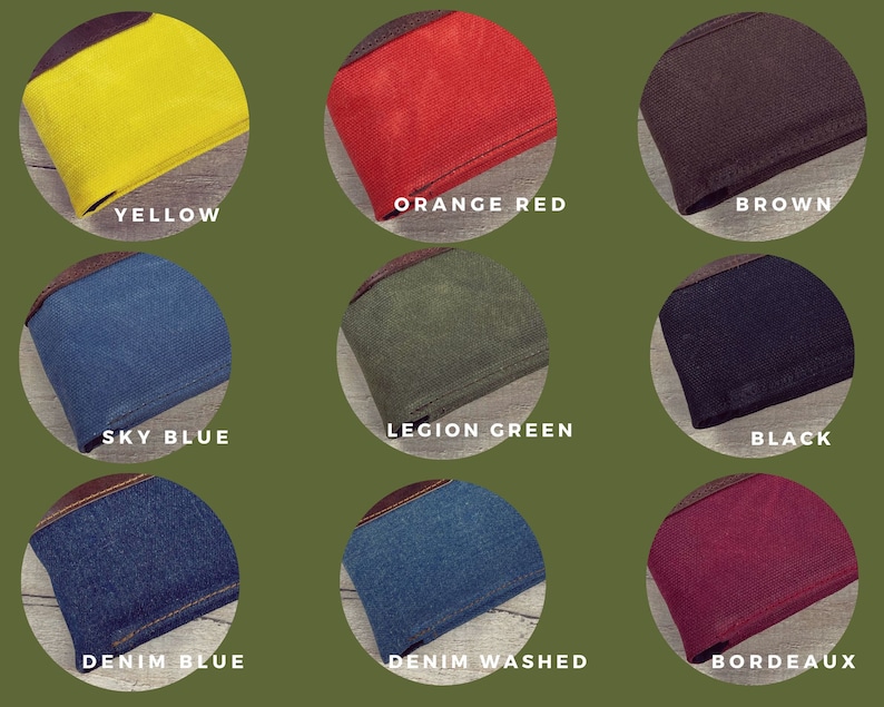 May include: Nine fabric swatches in different colors, including yellow, orange red, brown, sky blue, legion green, black, denim blue, denim washed, and bordeaux.
