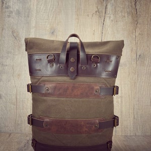 Waxed canvas bicycle backpack, canvas and leather bicycle backpack image 4