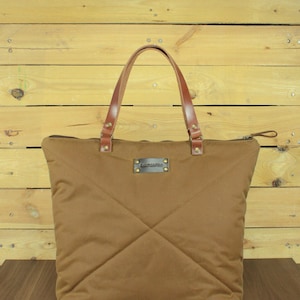 Waxed Canvas Tote Bag, zipper tote bag, Travel Bag, Canvas Tote, waxed bag, shopping bag, tote bag with leather, Canvas and leather tote bag