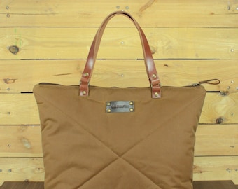 Waxed Canvas Tote Bag, zipper tote bag, Travel Bag, Canvas Tote, waxed bag, shopping bag, tote bag with leather, Canvas and leather tote bag