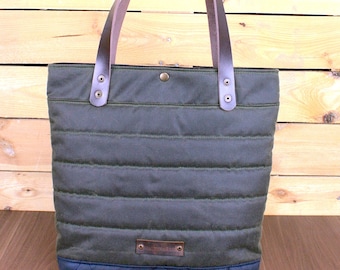 Waxed Canvas Tote Bag, Travel Bag, Canvas Tote, shopping bag, tote bag with leather, handmade waxed canvas tote, every day bag, market bag