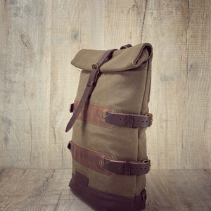 Waxed canvas bicycle backpack, canvas and leather bicycle backpack image 3