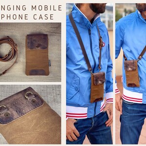 Waxed canvas case for mobile phone, you can wear it comfortably around your neck.