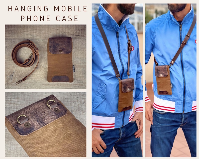 Waxed canvas case for mobile phone, you can wear it comfortably around your neck.