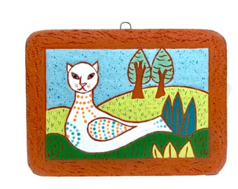 Spotted Catbird: handmade hand-painted ceramic tile