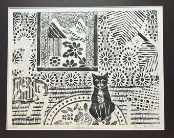 Indoor Cat: Collagraph print of interior scene.