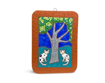 Nocturnal Cats: handmade hand-painted ceramic tile