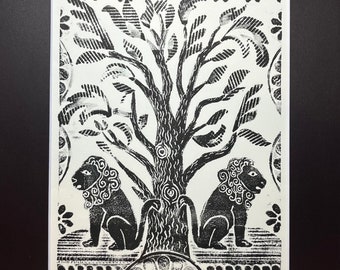 Tree of Life: Collagraph print of an allegorical scene with two lions and a tree