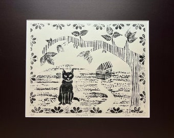 Storybook Cat: Collagraph print of an exterior scene.