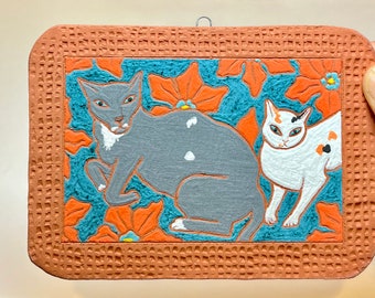 Cat Companions on a Carpet: handmade hand-painted ceramic tile