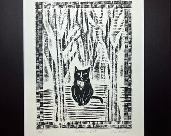 Outdoor Cat: Collagraph print of an exterior scene.