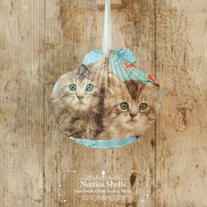 Hanging Cat Kitten Decoration on a Giant Scallop Shell by Netties Shells