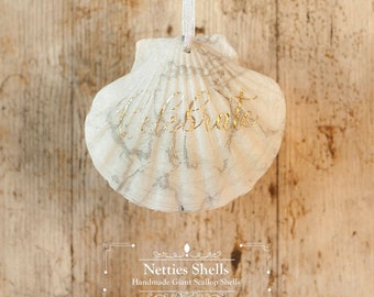 Hanging Gold Celebrate Decoration on a Giant Scallop Shell, celebration gift, celebration present, special occasion