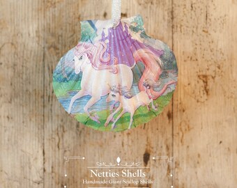 Hanging Unicorn Decoration on a Giant Scallop Shell, unicorn gift, unicorn present, magical gift, unicorn ornament, unicorn lover,