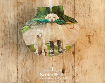 Hanging Labrador Golden Retriever Decoration on a Giant Scallop Shell by Netties Shells