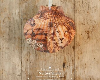 Hanging Safari Lion Decoration on a Giant Scallop Shell by Netties Shells