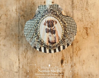 Hanging Pug Decoration on a Giant Scallop Shell by Netties Shells
