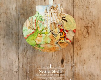 Hanging Knight and Dragon Decoration on a Giant Scallop Shell by Netties Shells