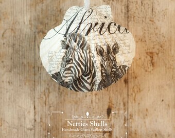 Hanging Zebra Decoration on a Giant Scallop Shell by Netties Shells