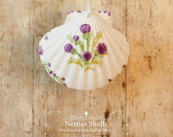 Hanging Scottish Thistle Decoration on a Giant Scallop Shell by Netties Shells