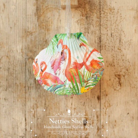 Pink Flamingo Giant Scallop Shell Decoration For Hanging Etsy