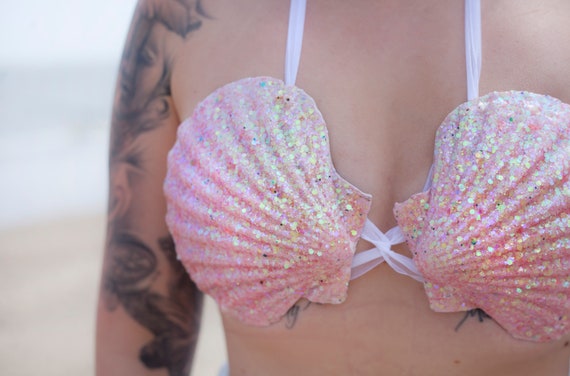 Large Swimmable Mermaid Bra Pink Blush. Adult Medium for Festivals