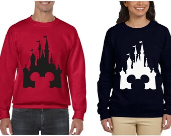 Set of Couple Disney Castle Mickey Minnie Mouse Printed Adult Sweatshirts Unisex Crew Neck Shirts for Men and Women Matching Clothes