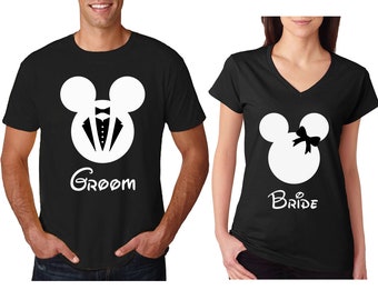 Set of Couple Bride and Groom Disney Mickey Minnie Mouse Cotton Printed Tops Adult V Neck Shirts Unisex V Neck TShirts for Men and Women