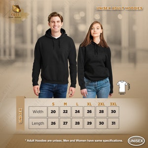 May include: Unisex adult hoodies size chart with measurements in inches. The chart shows the width and length of the hoodies in sizes small, medium, large, extra large, 2XL, and 3XL.