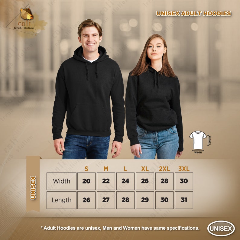 May include: Unisex adult hoodies size chart with measurements in inches. The chart shows the width and length of the hoodies in sizes small, medium, large, extra large, 2XL, and 3XL.