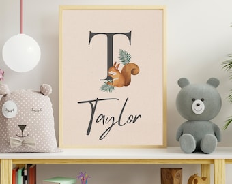 Squirrel Personalized Initial Name Print Custom Name Sign Nursery Printable Art Kids Wall Decor Baby Room Monogram Digital Download