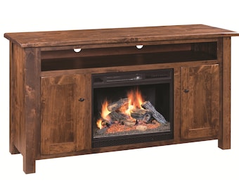 Barn Floor - Amish Handcrafted TV Console with Electric Fireplace - Rustic Cherry Wood - Free Delivery Within the USA